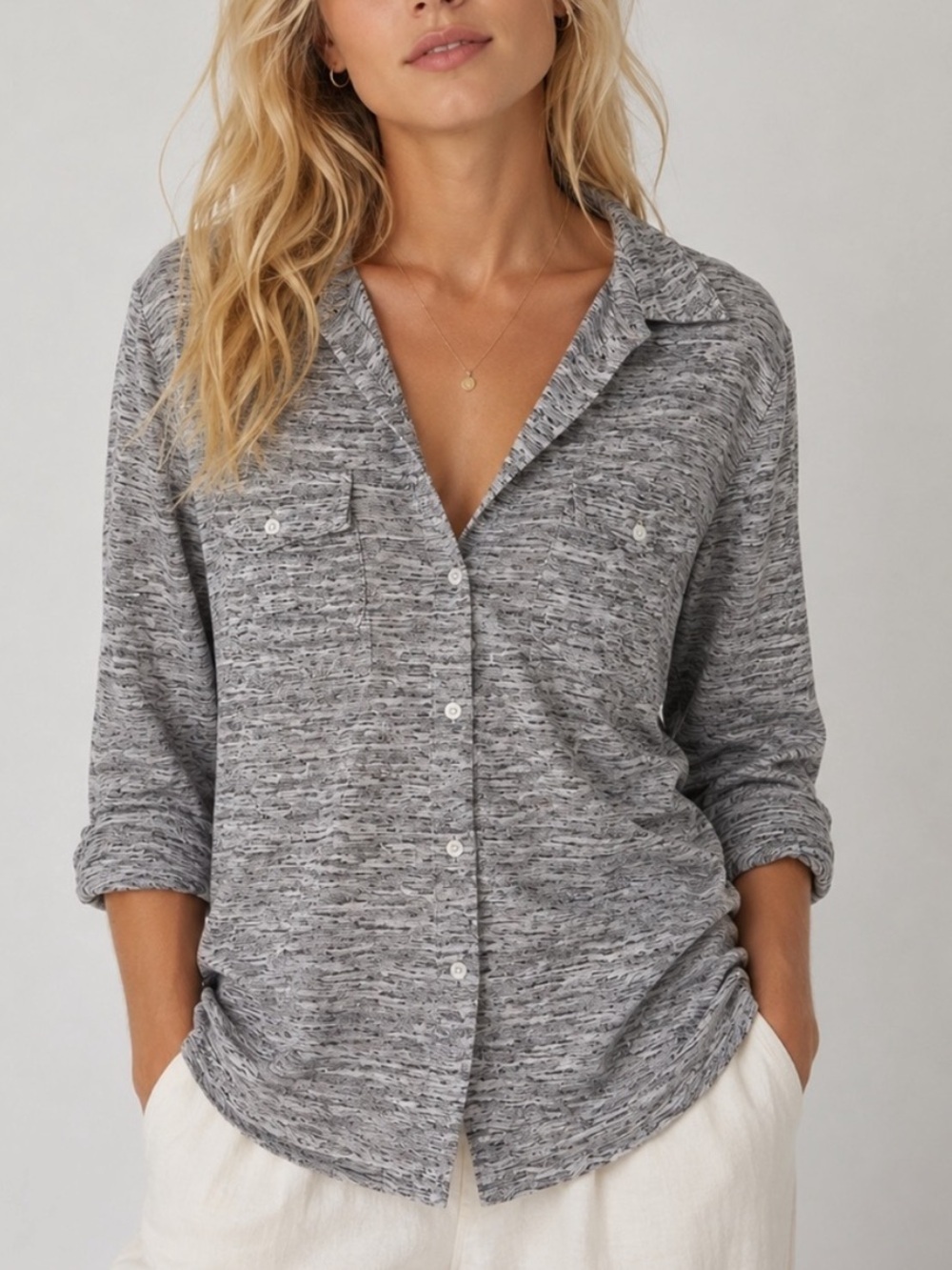 James Perse Gray Marled Button Front Cotton Shirt 25714